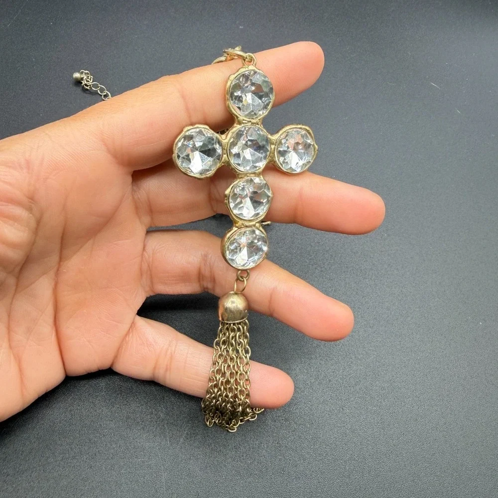 Crystal Rhinestone Cross Pendant Necklace Gold Tone Chain Tassel Statement Gift
